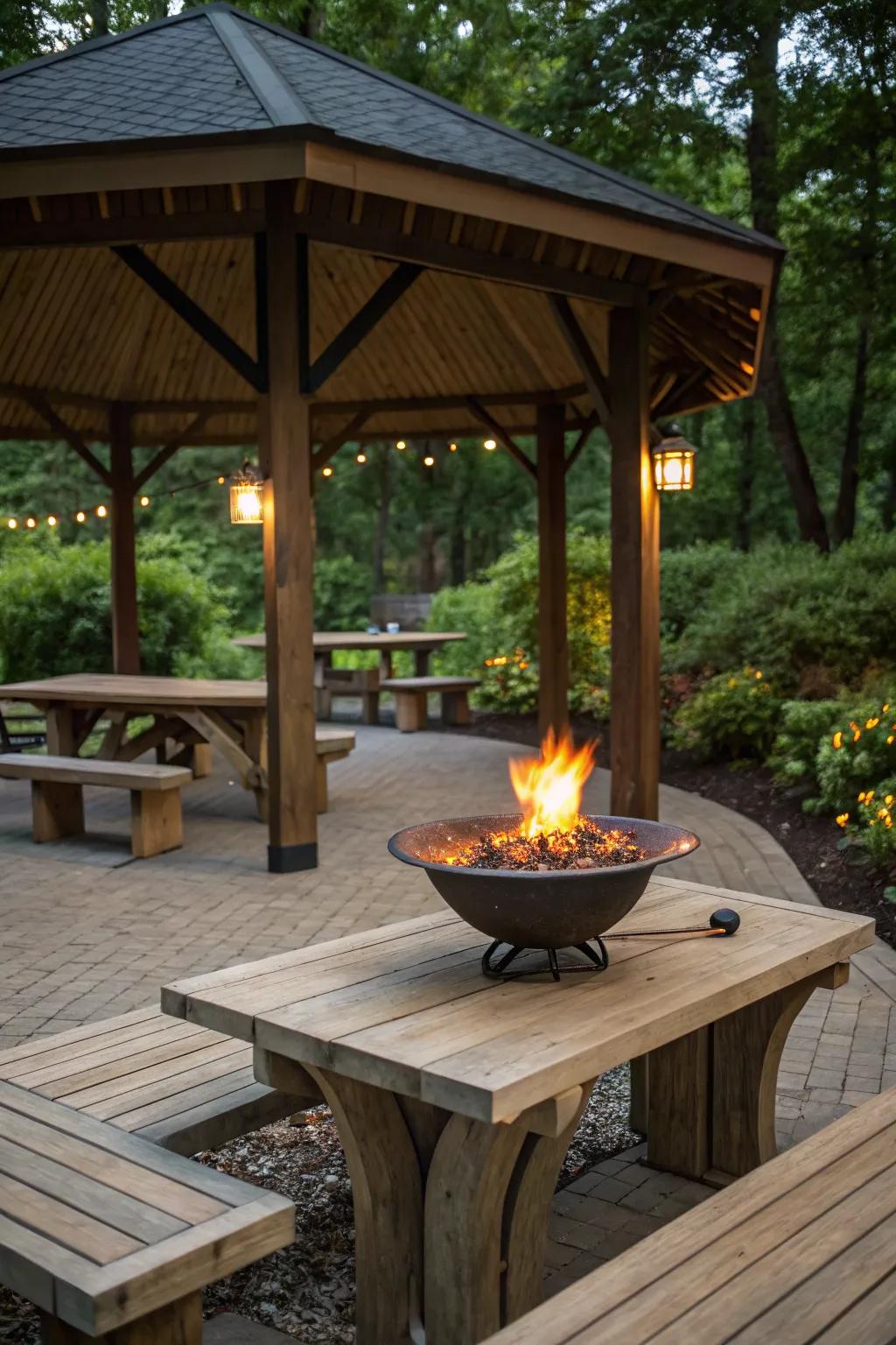 Fire features bring warmth and natural light to your pavilion.