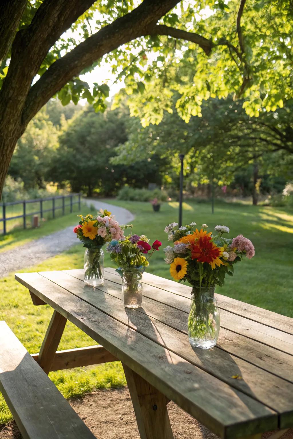 Miniature floral arrangements bring a pop of color.