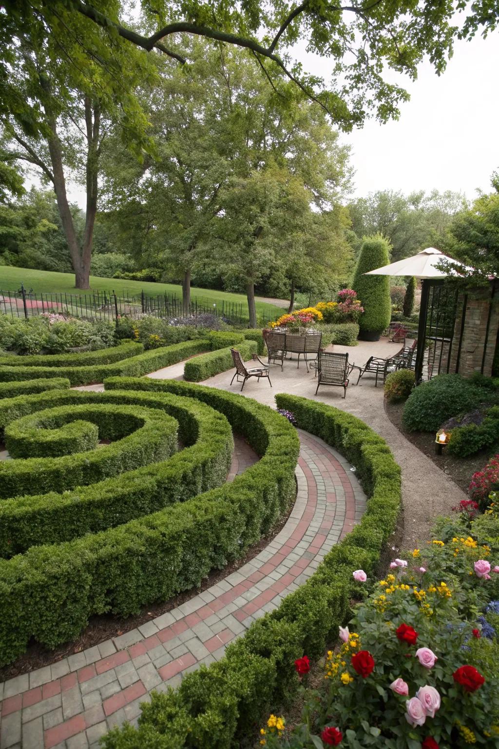 A garden labyrinth offers enchanting pathways for exploration.