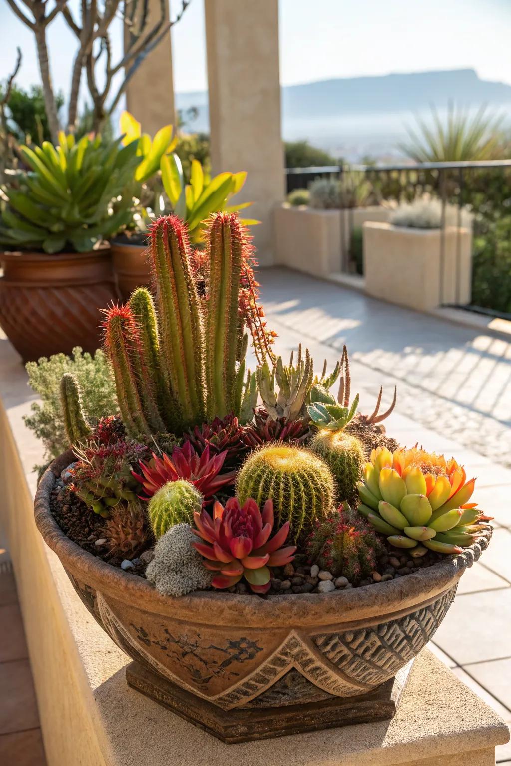 Create a vibrant display with cacti and succulents.