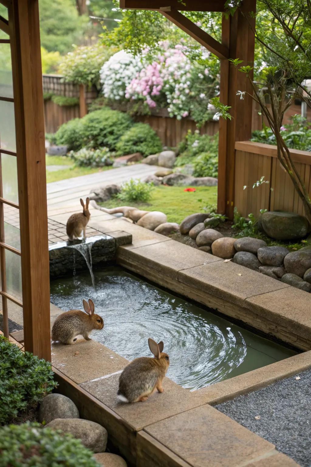 A peaceful water feature enhancing a rabbit play area.