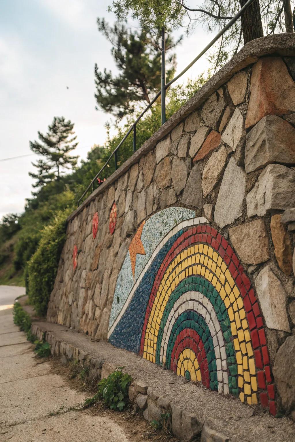 Artistic mosaics in rock walls add a personal garden touch.