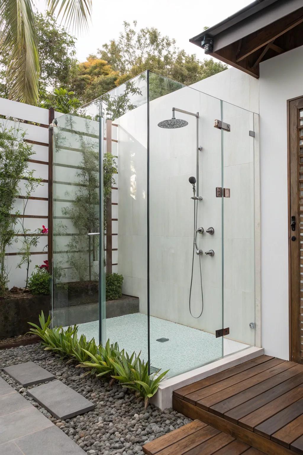 Sleek minimalist glass design for an outdoor shower.