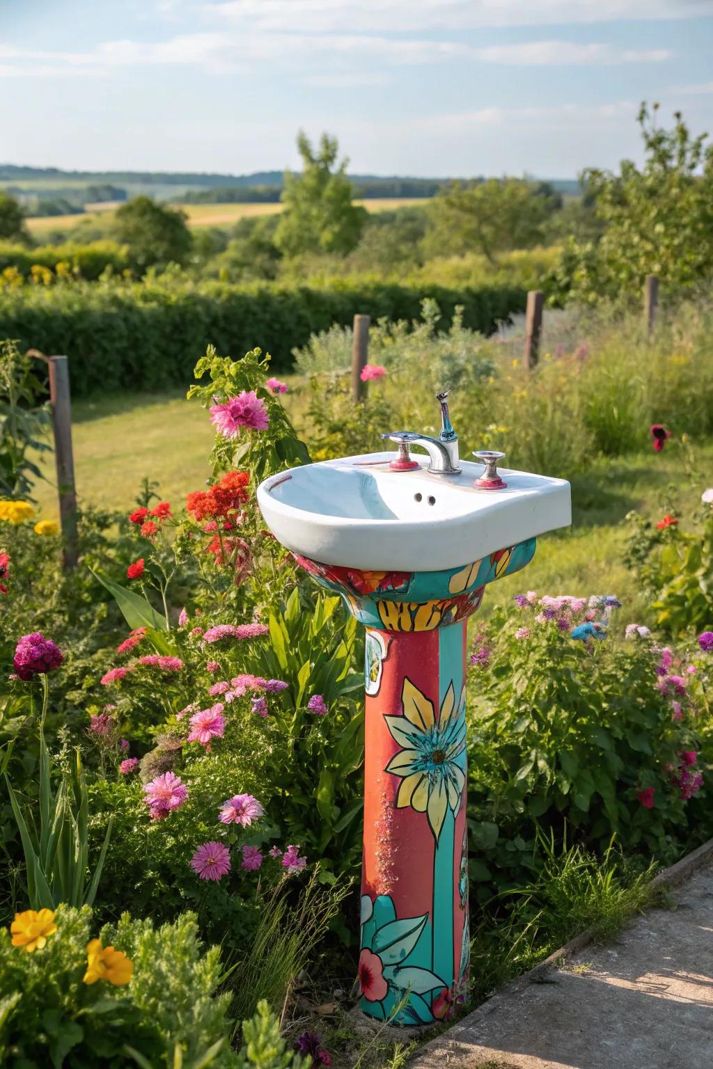 A vibrant outdoor sink that adds a pop of color to the garden.