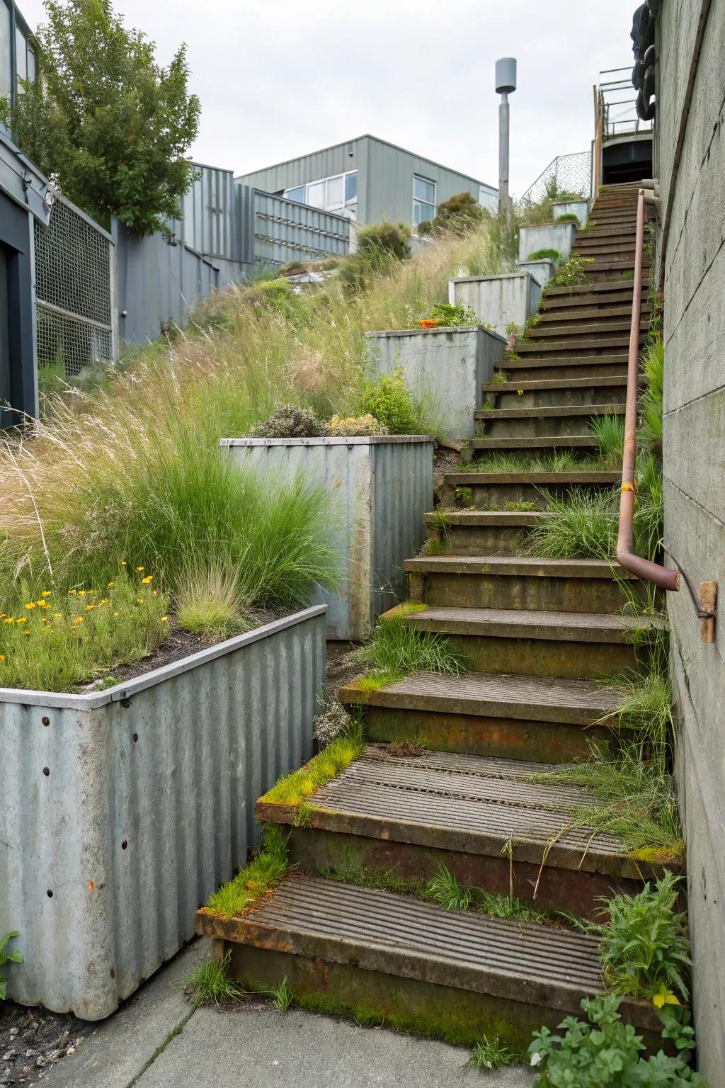 Metal risers create a modern industrial aesthetic for outdoor stairs.