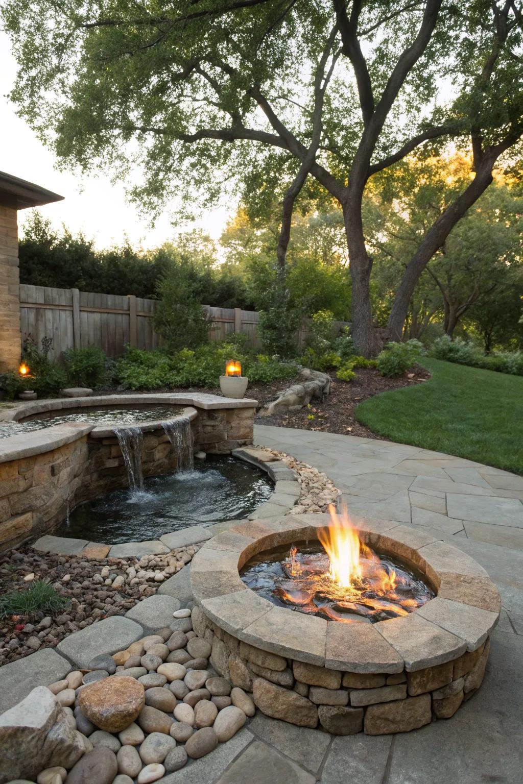 A stone fire pit paired with a water feature for an enchanting outdoor atmosphere.