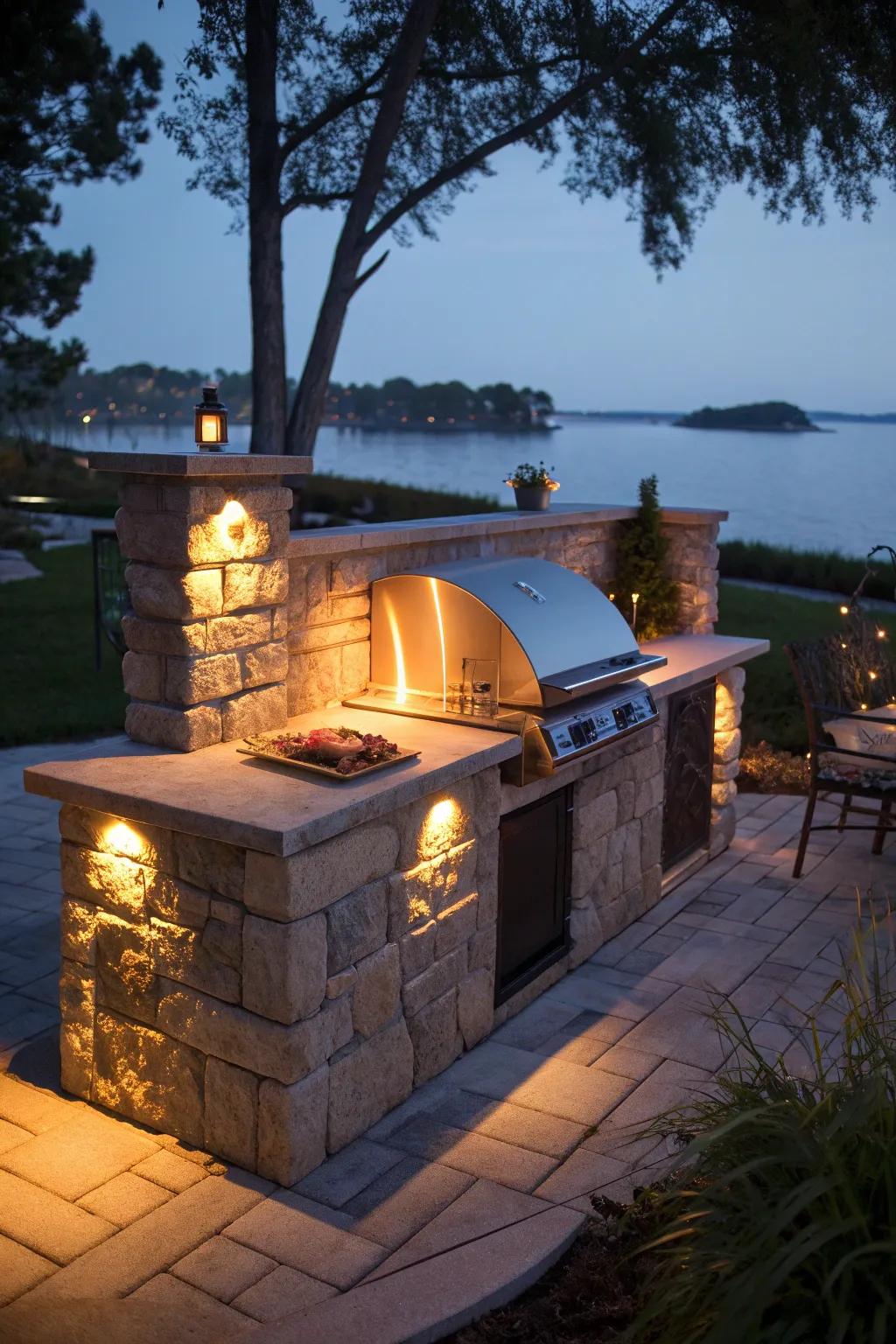 A stone grill with built-in lighting for enchanting evenings.