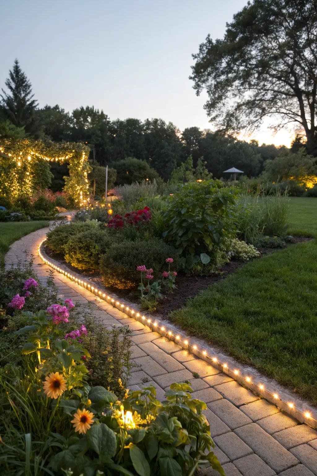 Solar-powered lighting provides eco-friendly garden illumination.