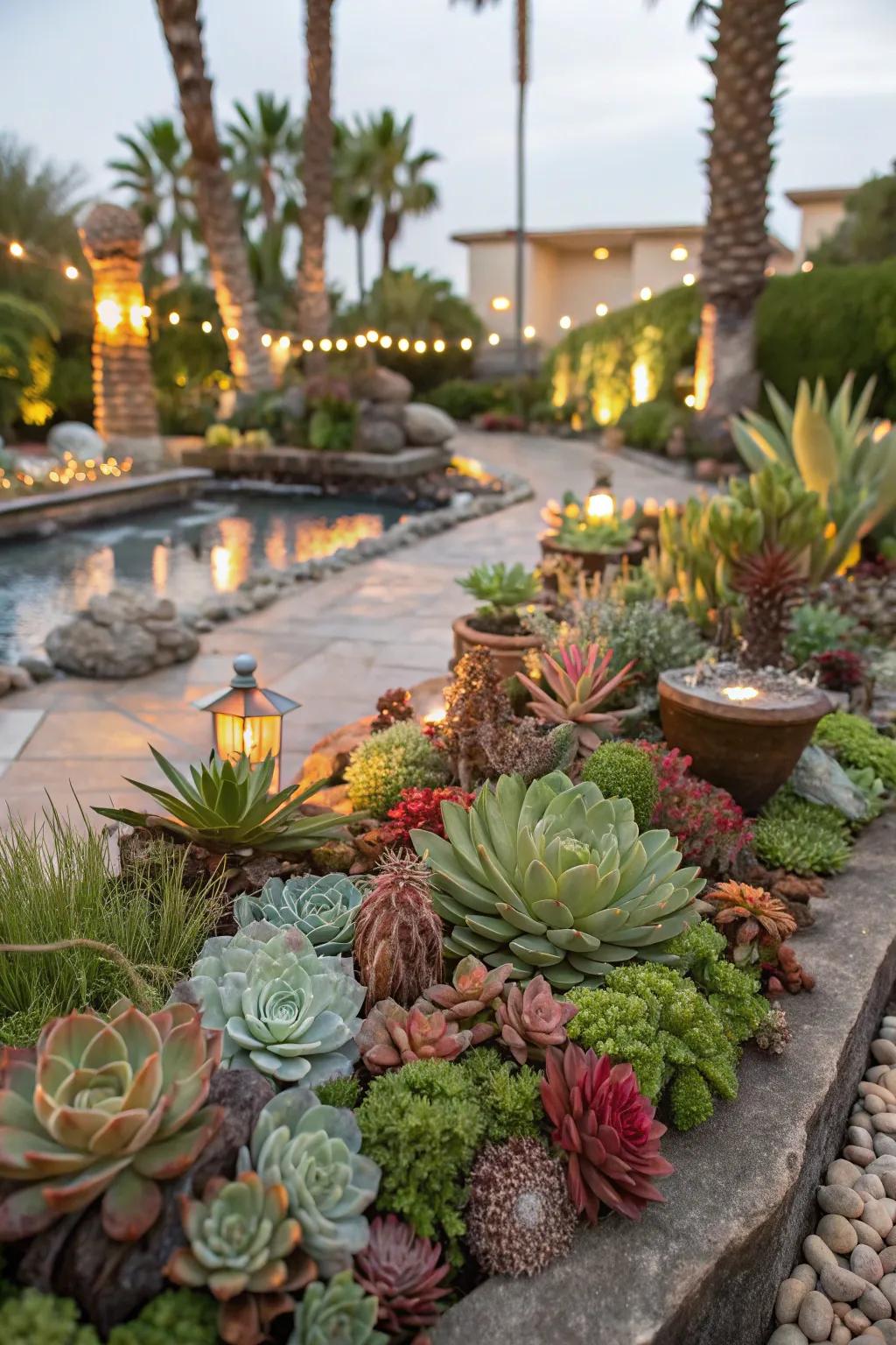 A themed garden showcasing succulents in a tropical setting.