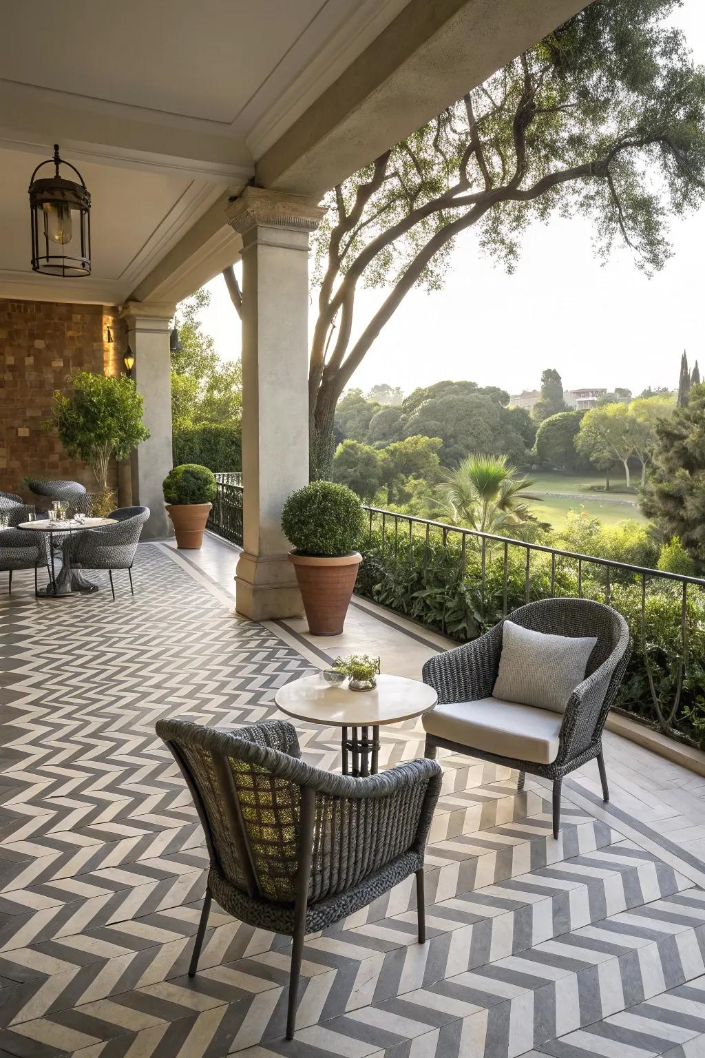 Chevron patterns create dynamic movement in outdoor spaces.