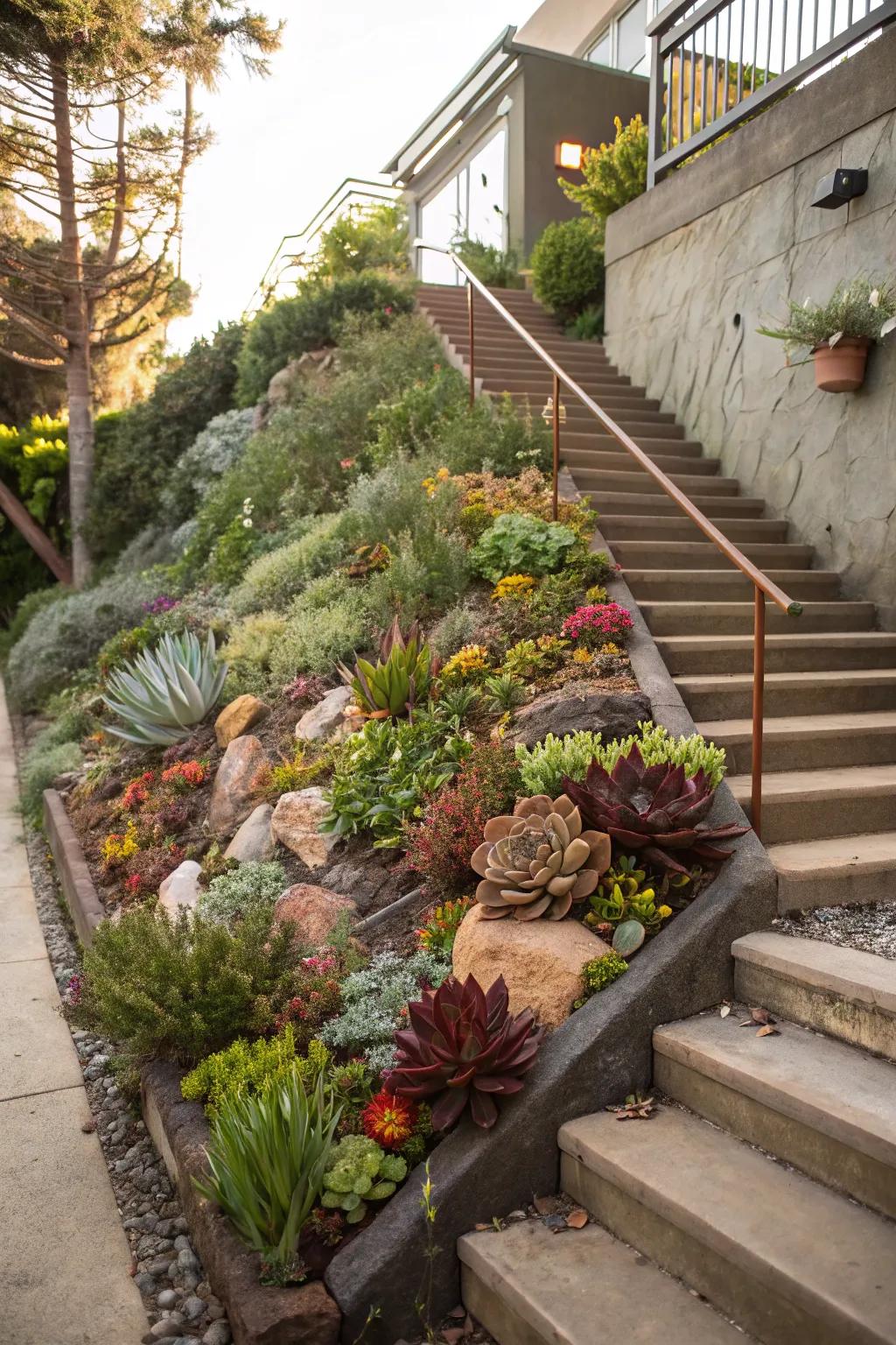Add a touch of greenery with a succulent display under the stairs.