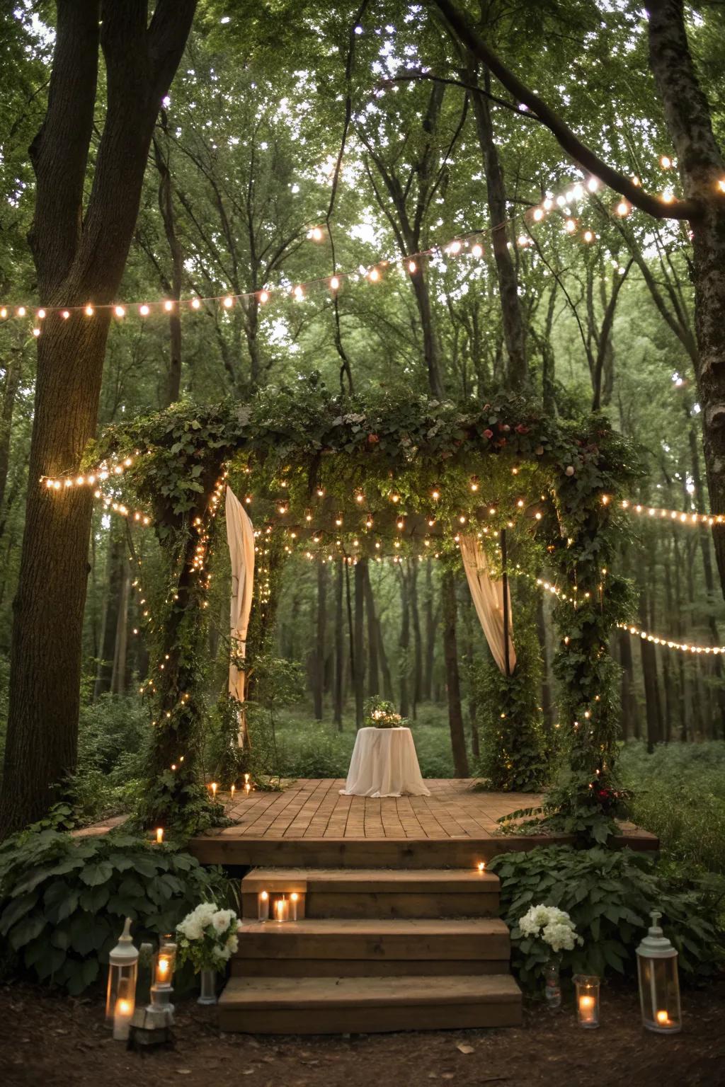 An enchanted forest theme creates a magical altar setting.