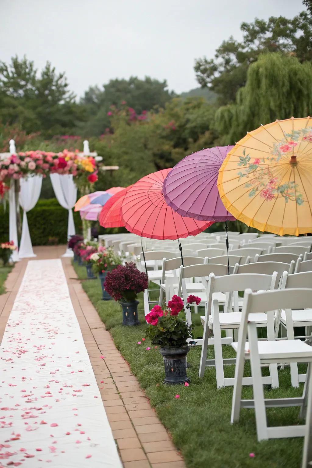 Colorful parasols adding charm to a wedding walkway