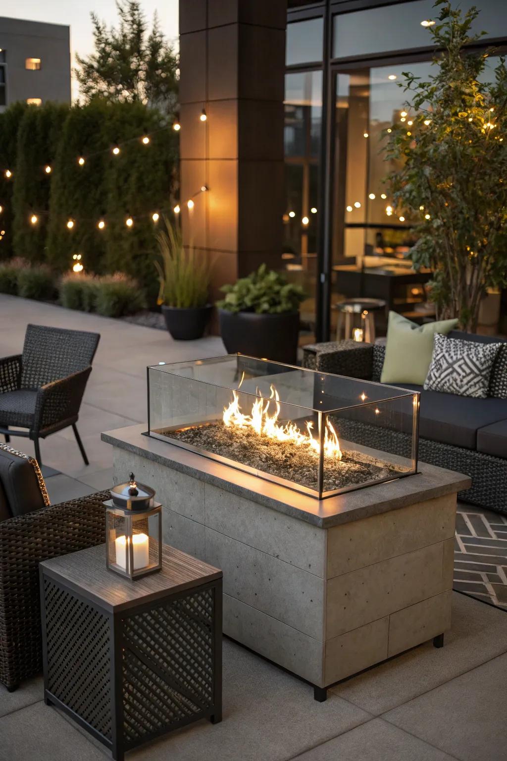 A fire table with a glass guard for style and safety.