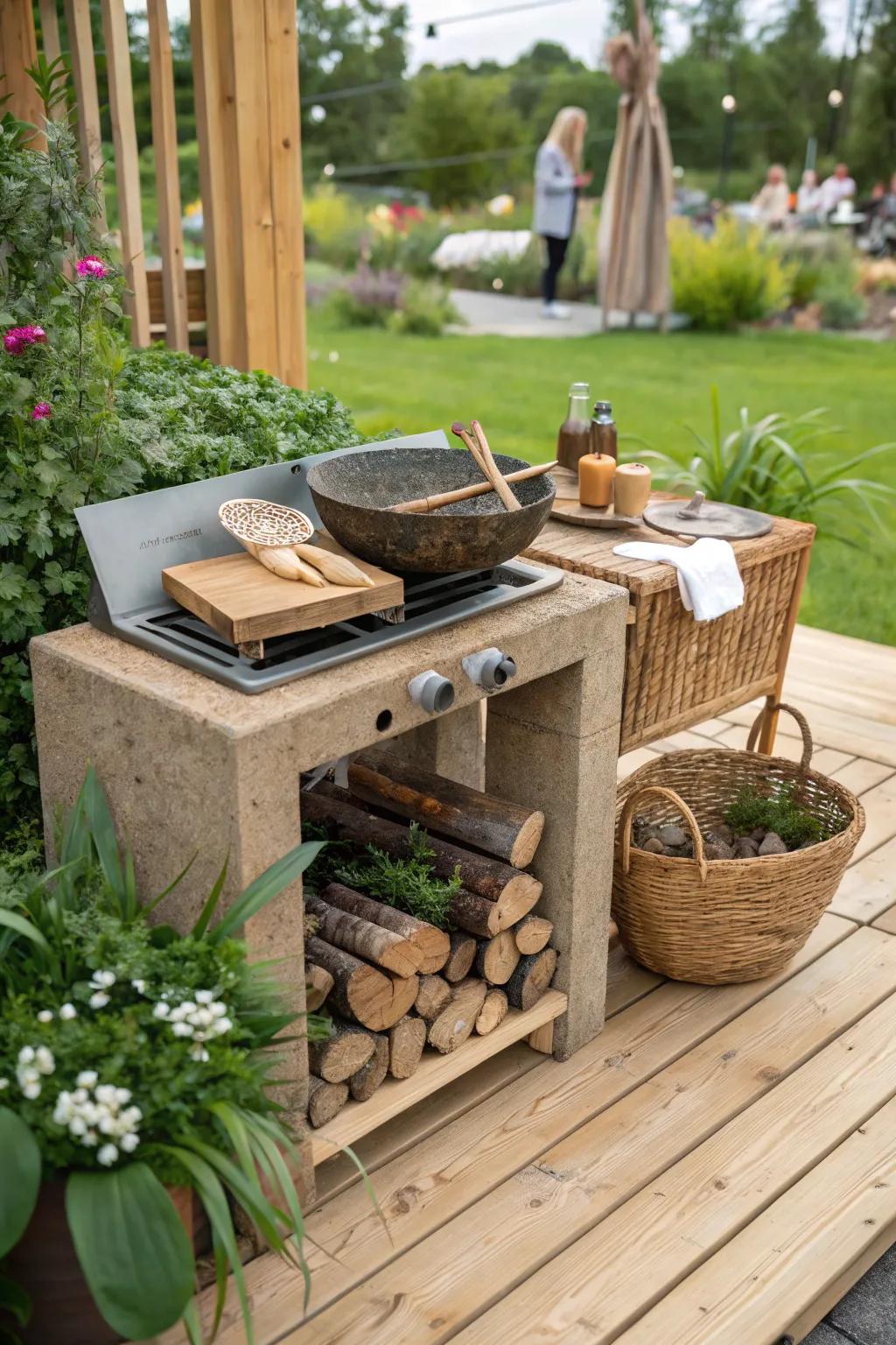 Eco-friendly materials create a sustainable grill area.