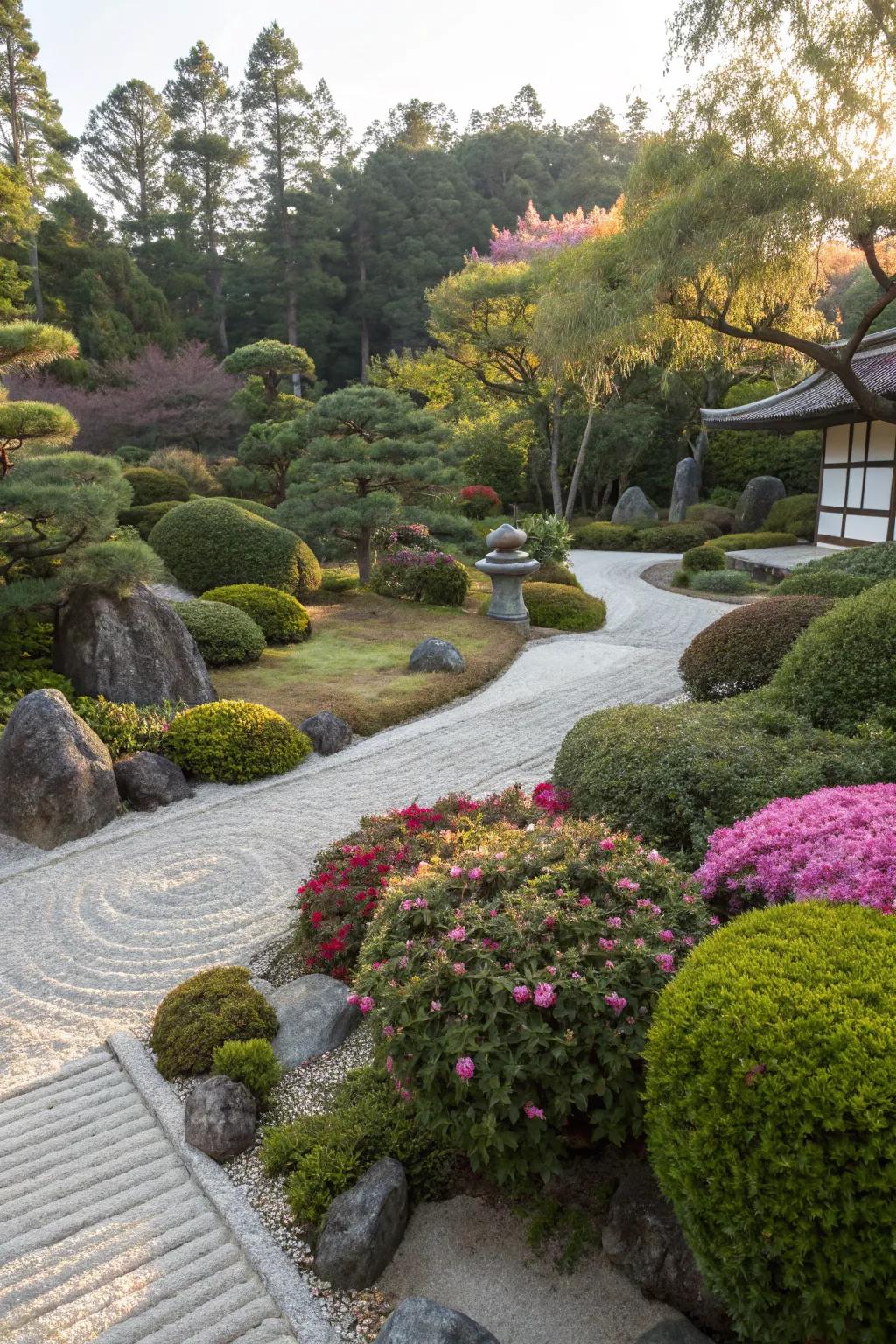 Seasonal plant displays bring dynamic beauty to the zen garden