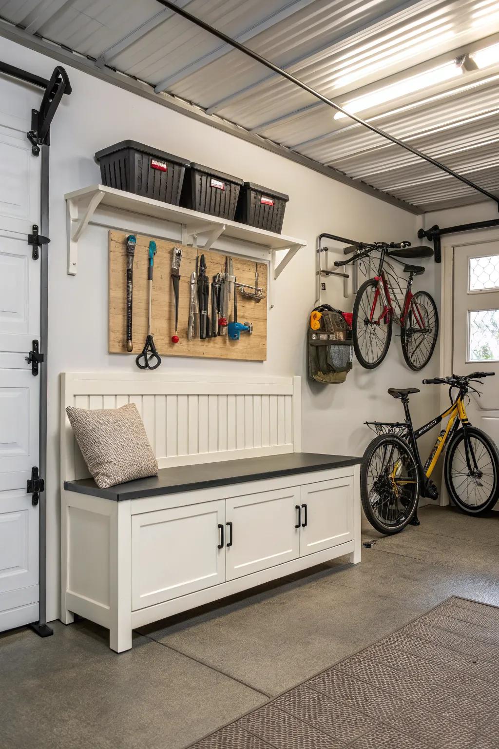 A storage bench combines functionality with style near your garage.