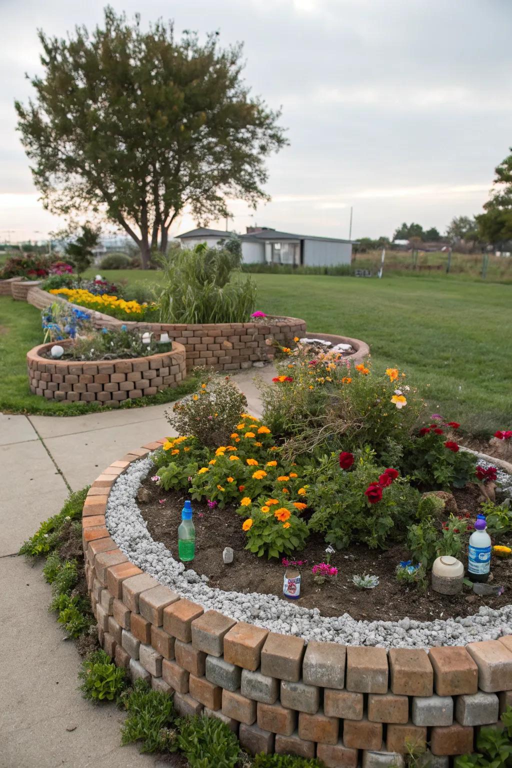 Recycled borders add an eco-friendly and artistic touch to the garden.