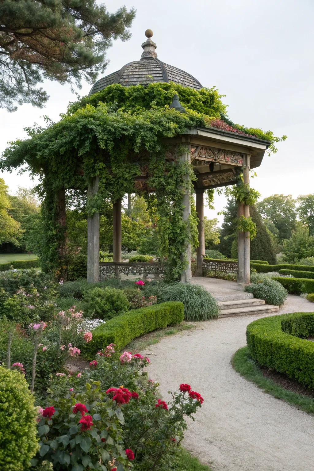 An arbor-style pagoda adds charm and elegance to garden gatherings.
