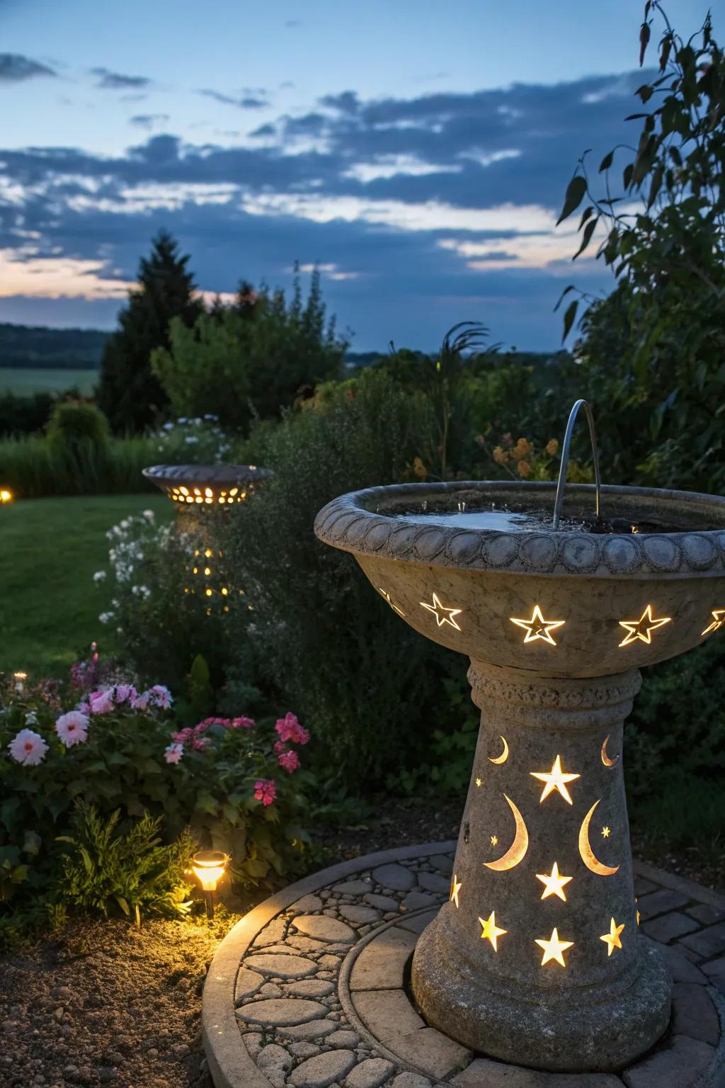 Celestial themes add a touch of magic to this garden bird bath.