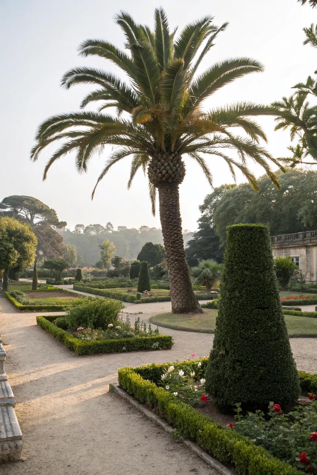 A uniquely shaped palm serves as an artistic focal point.