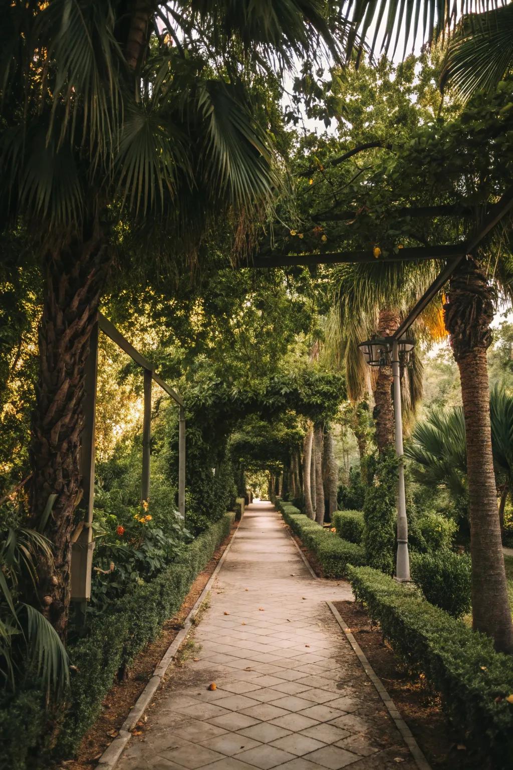 Palm-lined paths offer a tropical stroll.