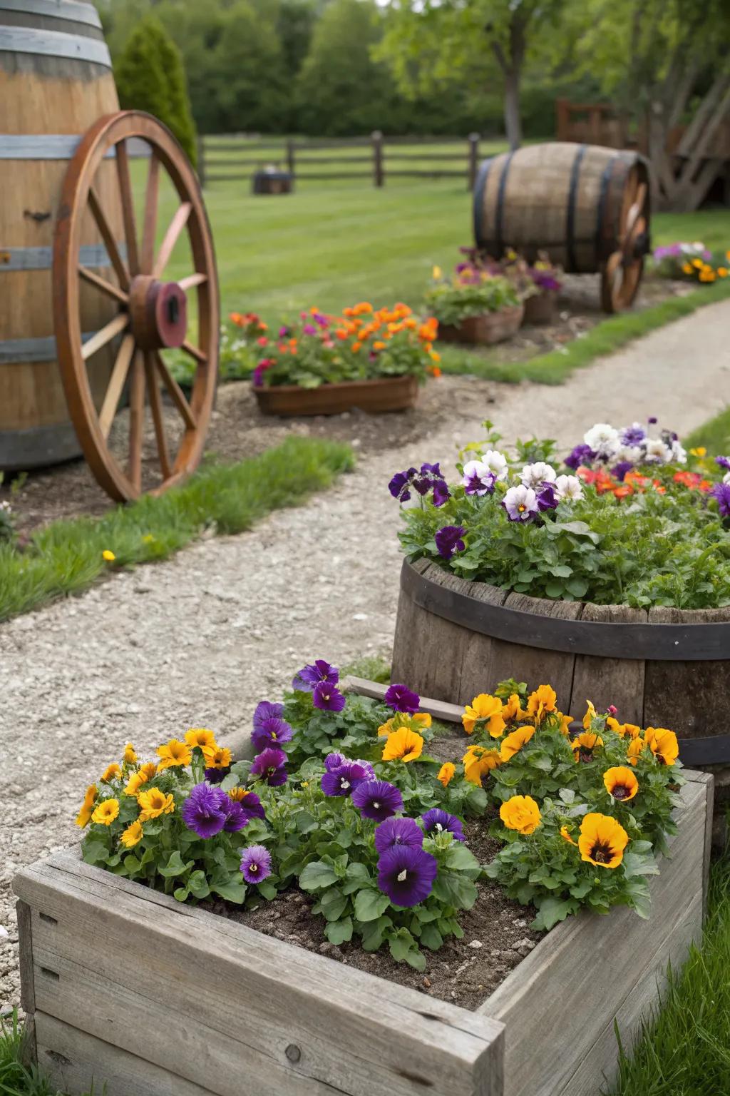 Pansies combined with rustic elements for a country garden feel.
