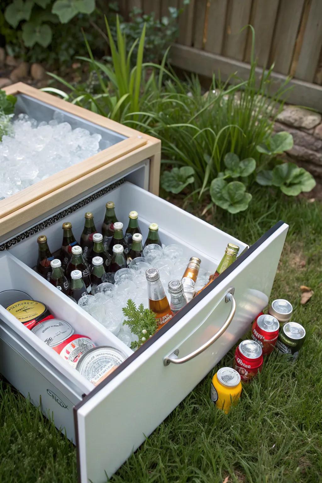 A refrigerator drawer cooler creatively keeping drinks chilled.