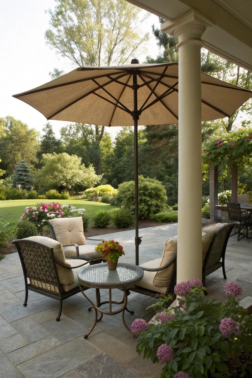 A stylishly shaded patio with an umbrella, offering comfort and elegance.