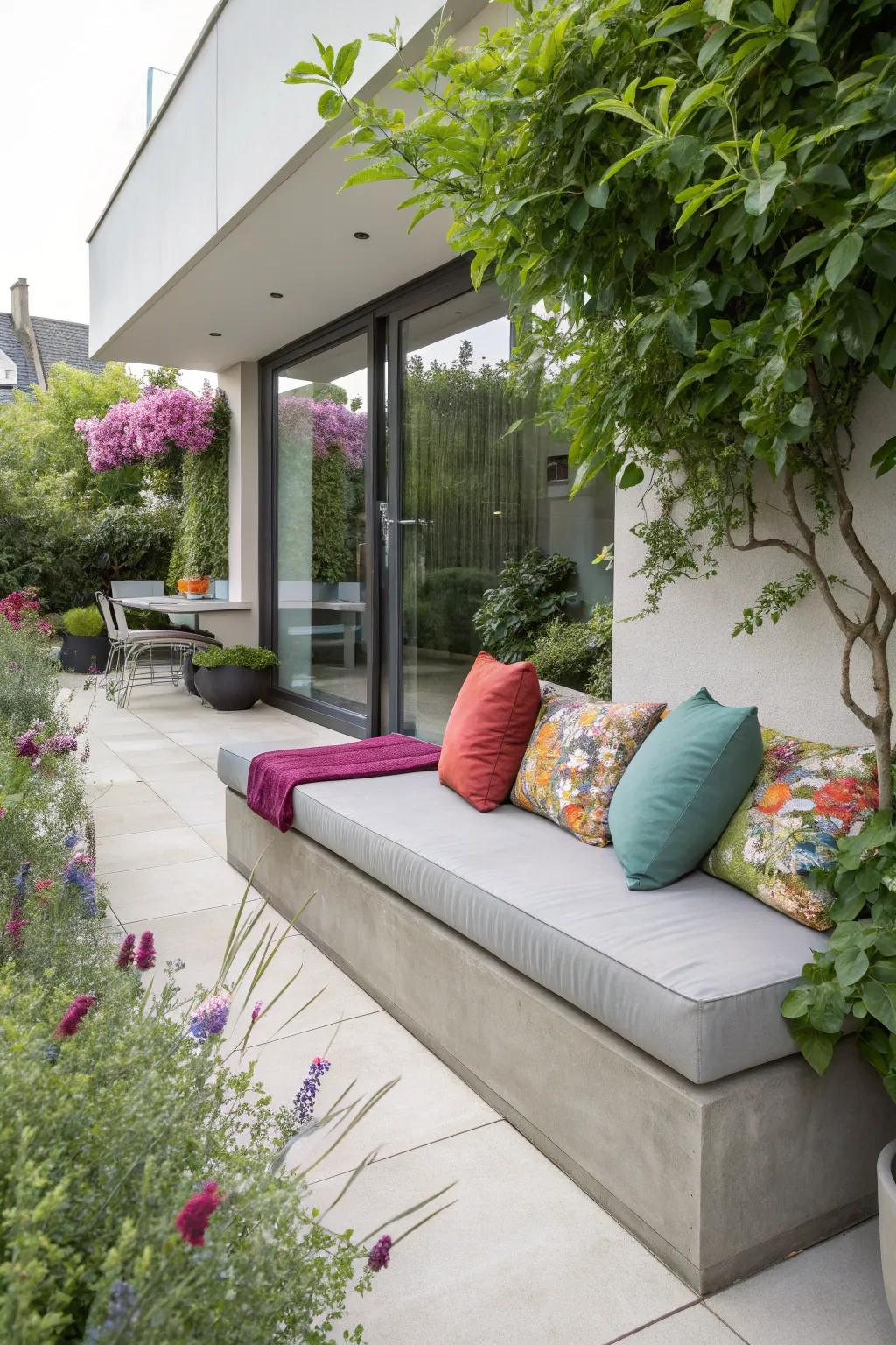 A concrete bench softened by colorful, inviting cushions.