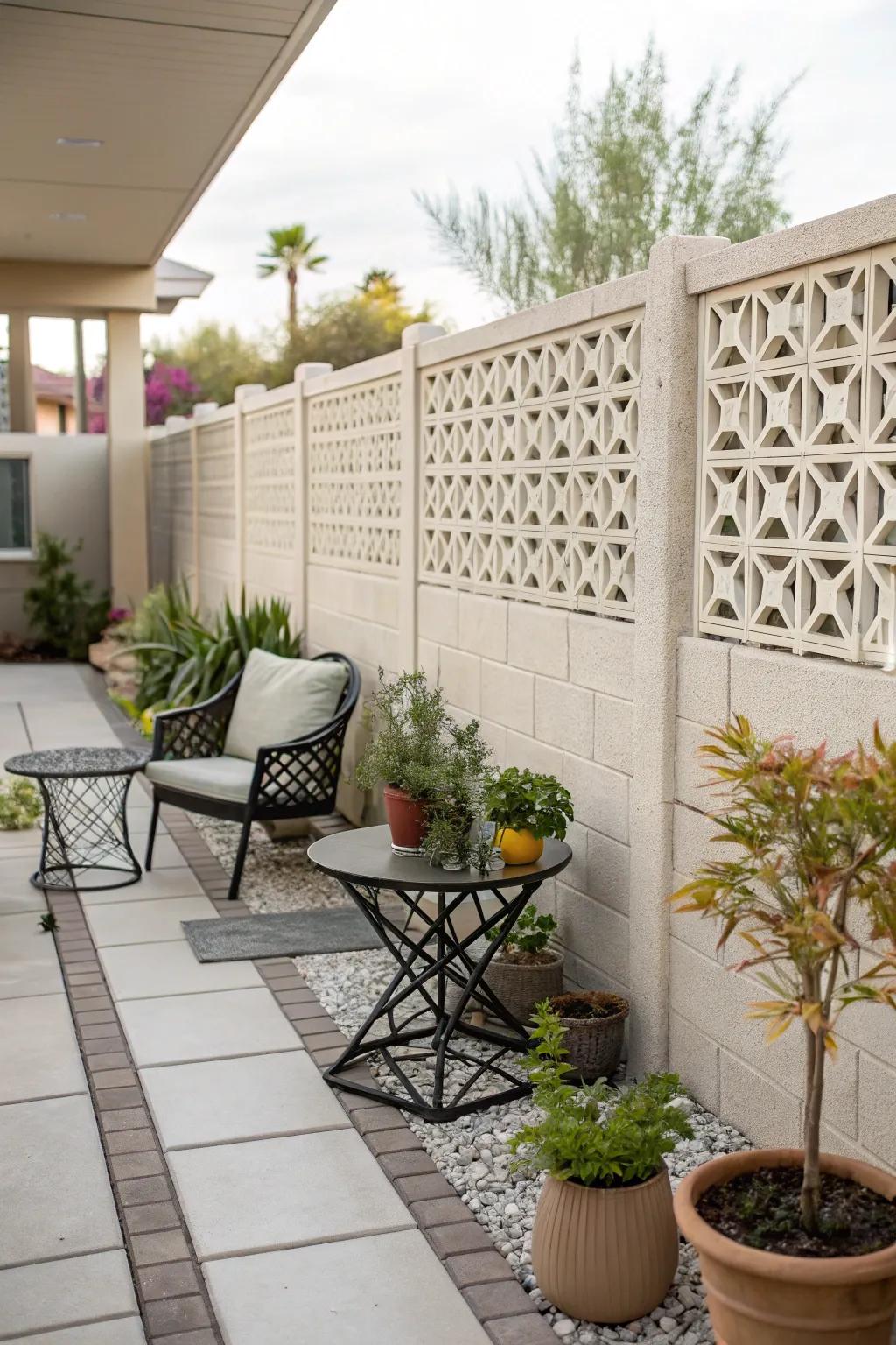 Decorative block wall dividing outdoor spaces with style and function.
