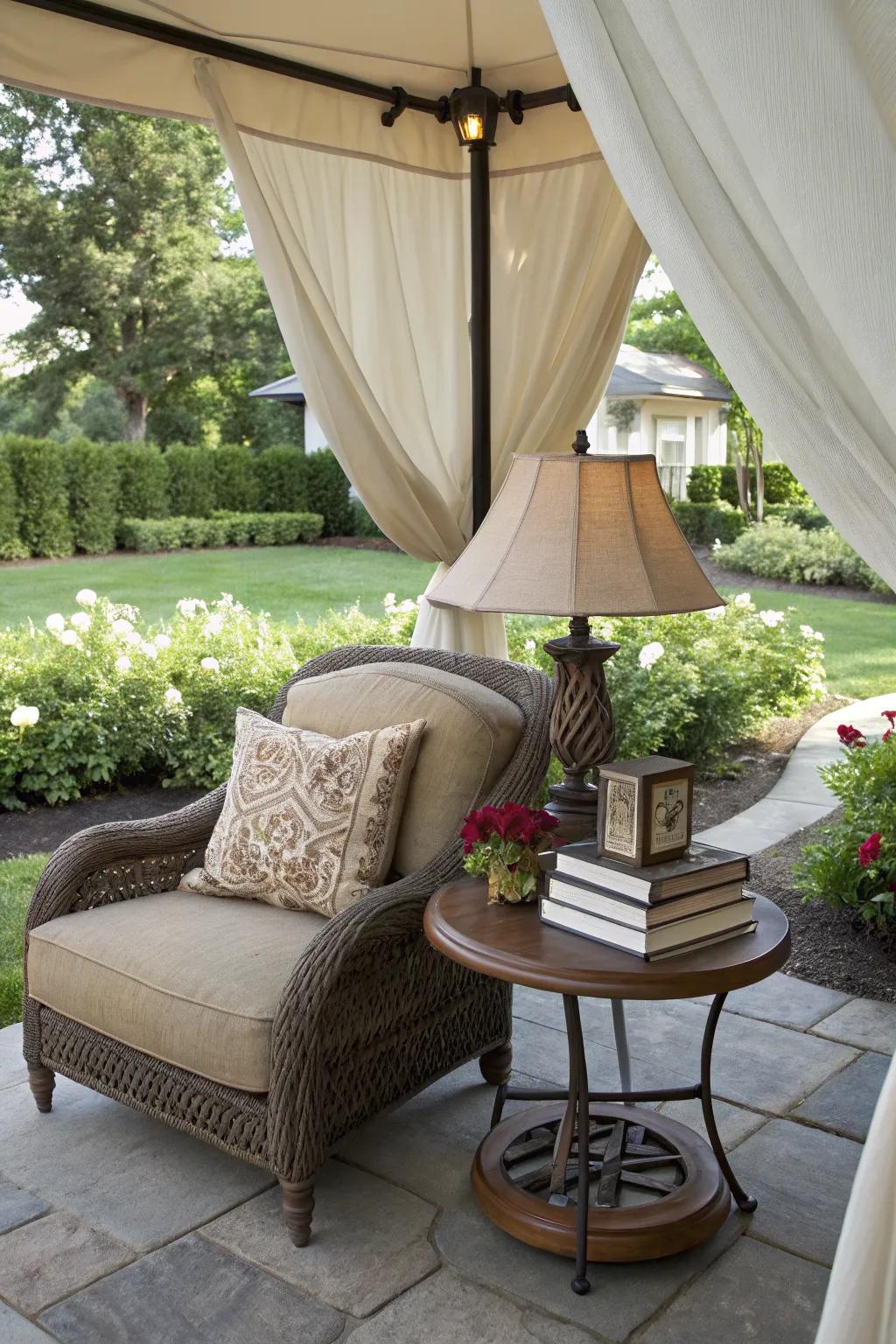 A cozy patio reading nook under a canopy.