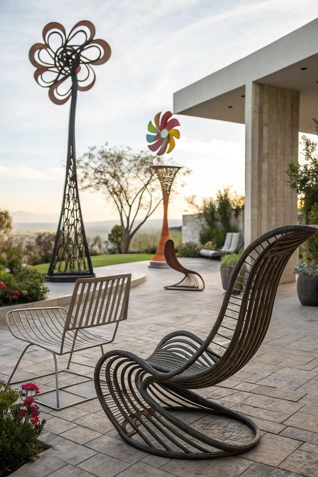 Sculptural chairs turning a patio into a stunning and artistic outdoor space.