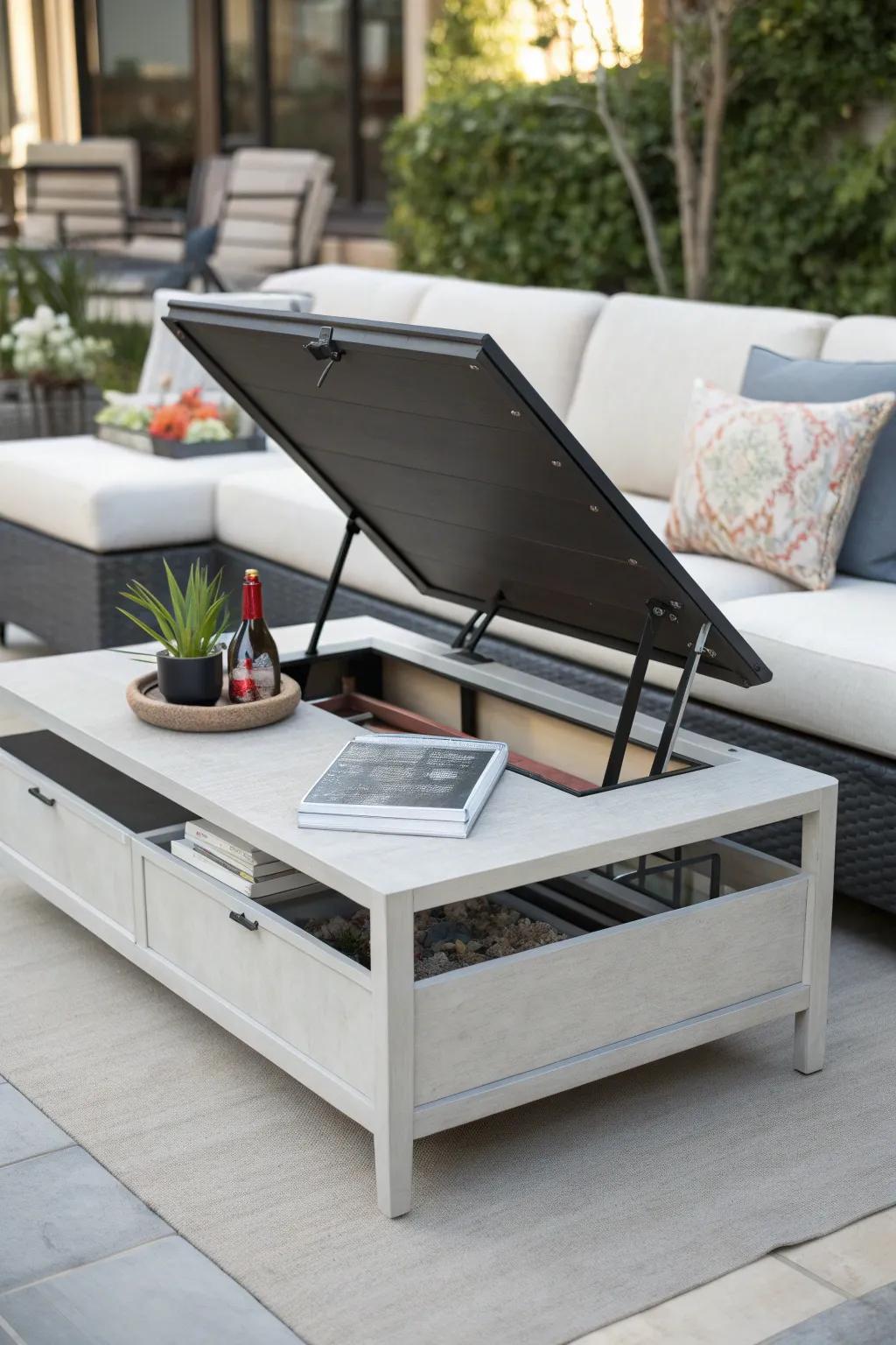Maximize functionality with a convertible coffee table for your patio cushions.
