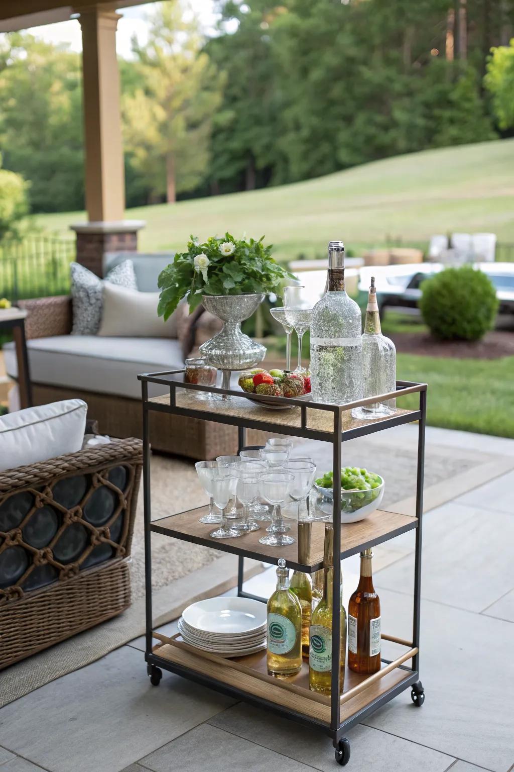 A chic bar cart ready to elevate any patio gathering.