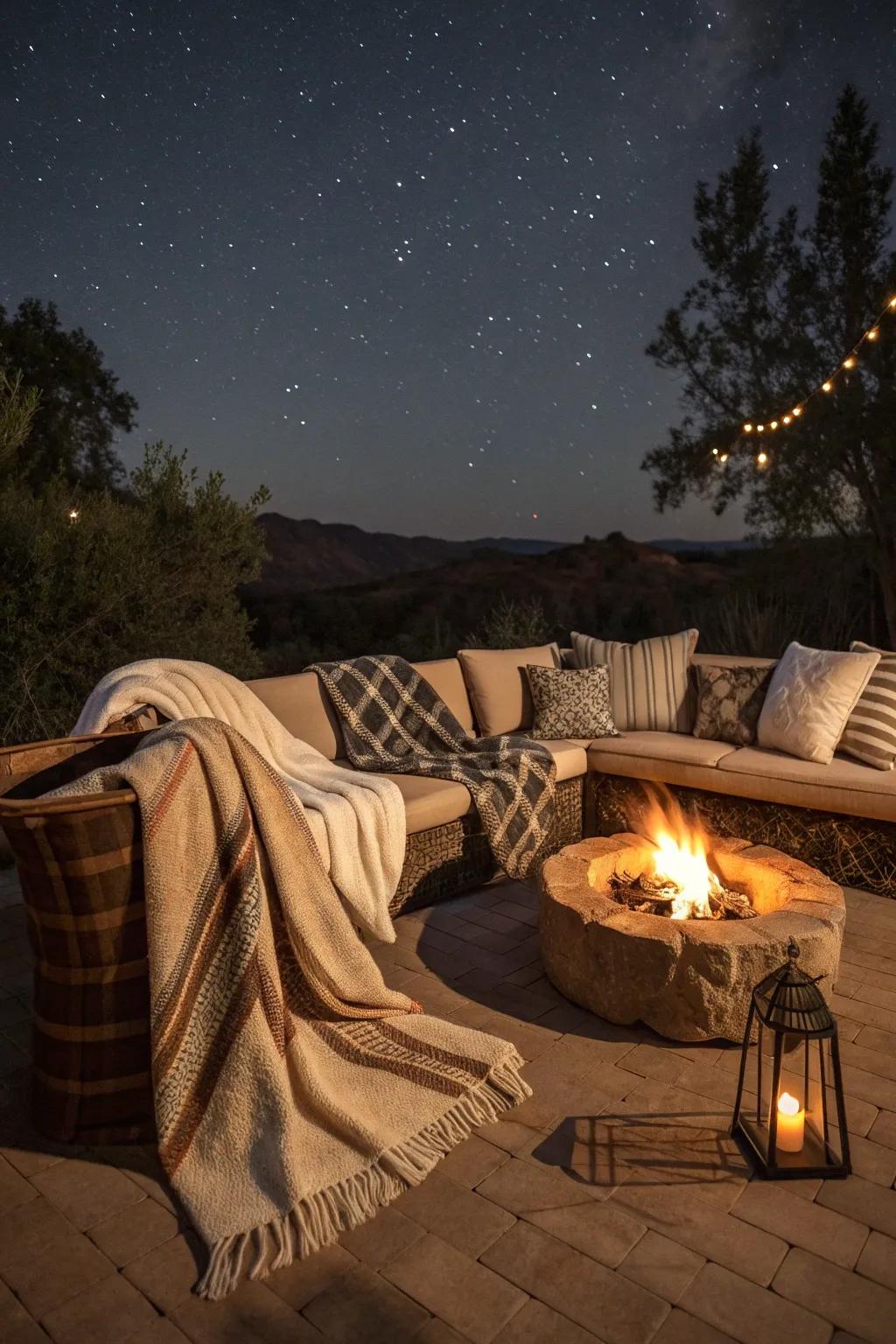 Cozy throws and blankets add warmth to a fire pit seating area.
