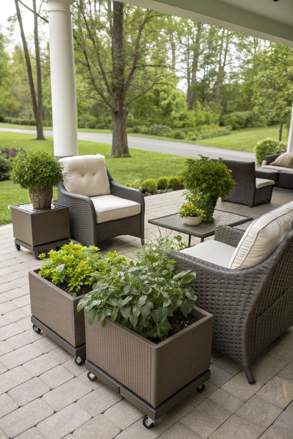 A dynamic patio with movable features for flexible use.