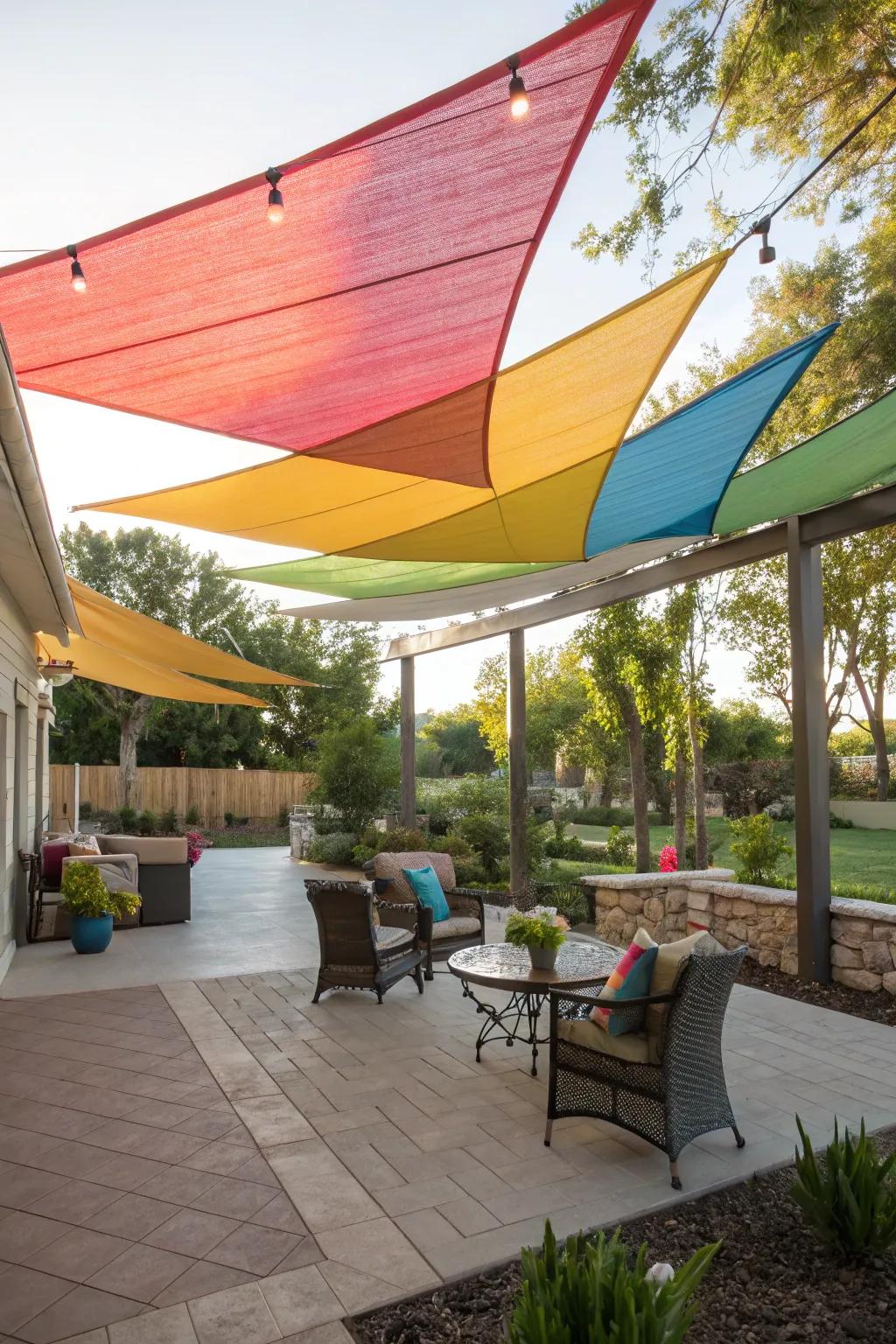Keep cool and stylish with vibrant shade sails on your patio.