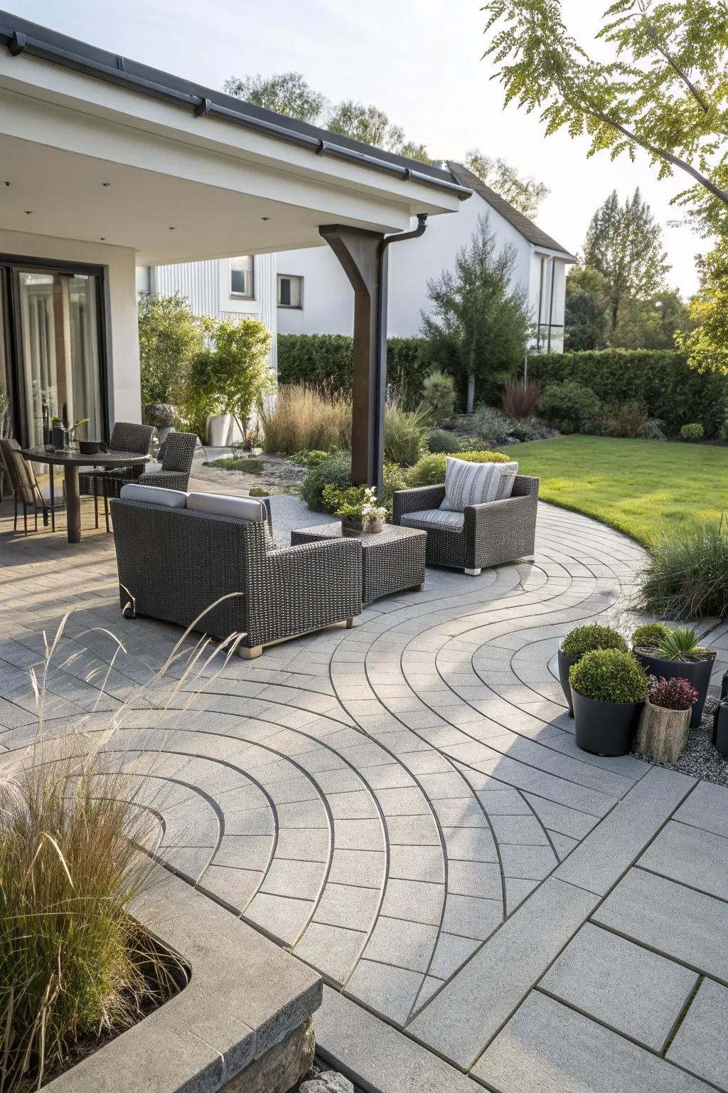 Wave pattern bringing movement and intrigue to a modern patio.