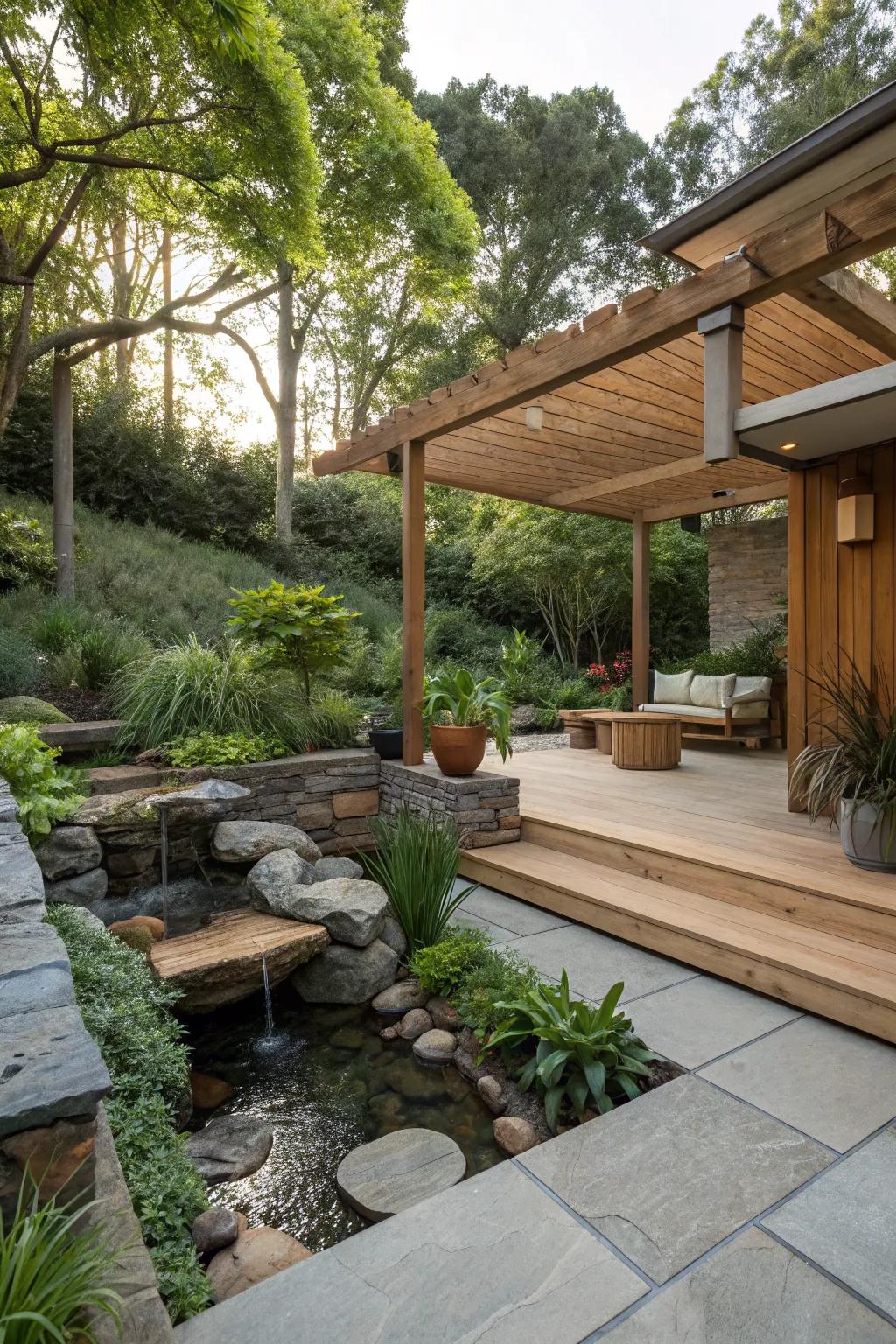 A patio designed with sustainable materials, showcasing an eco-friendly aesthetic.