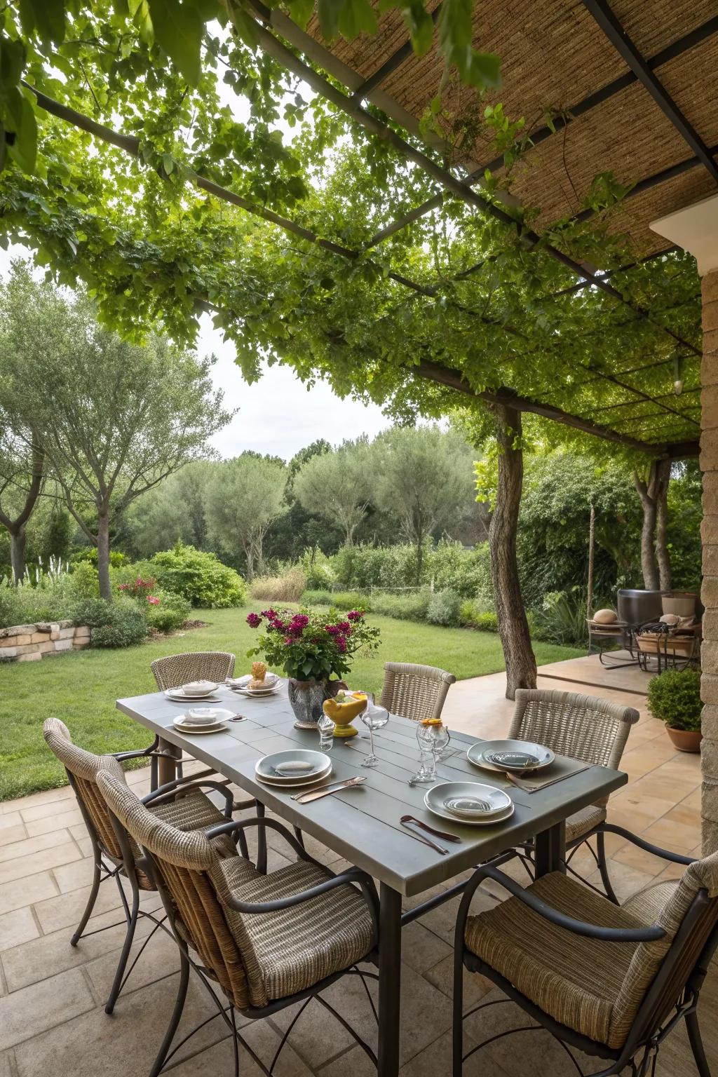 Dine in style with a spacious outdoor dining table.