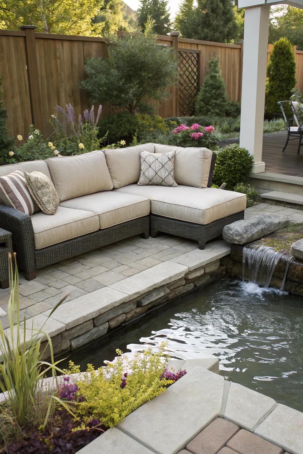 A water feature enhances your patio's tranquility.