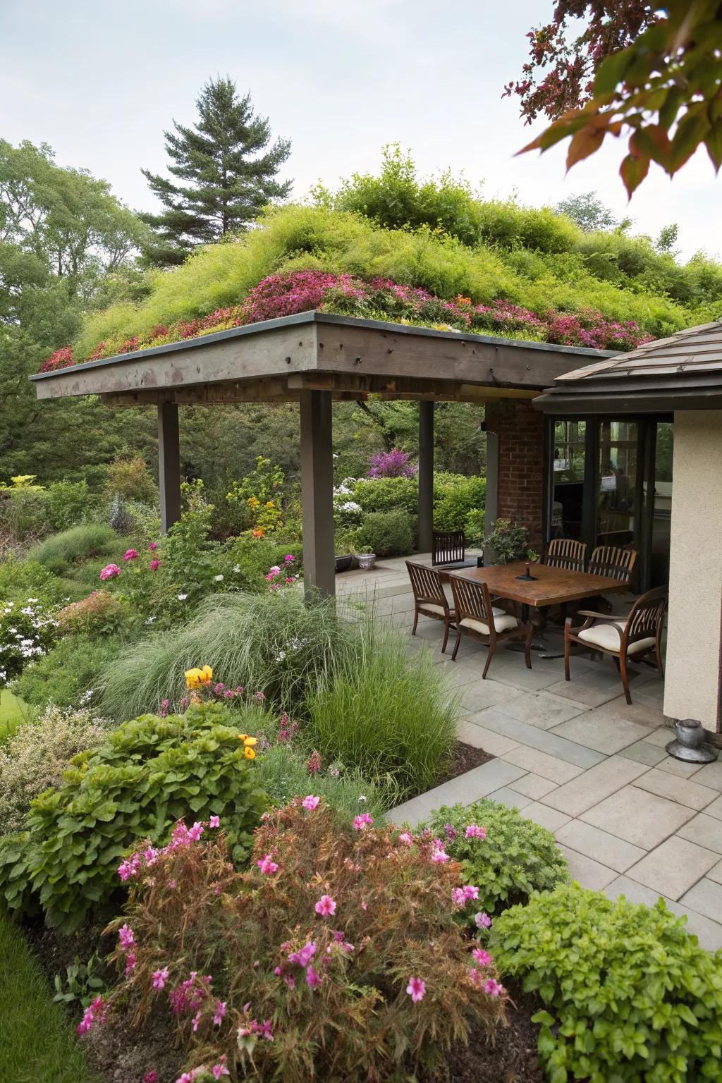 Eco-friendly living roofs provide sustainable shade and support local biodiversity.