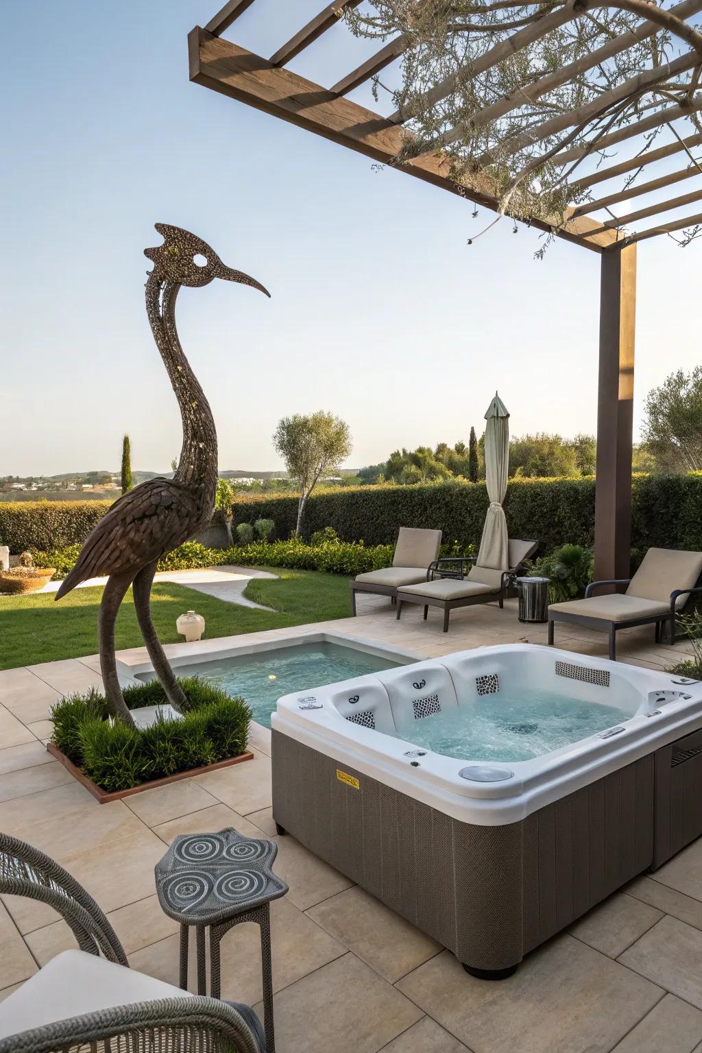 Art installations add a unique flair to your hot tub area.