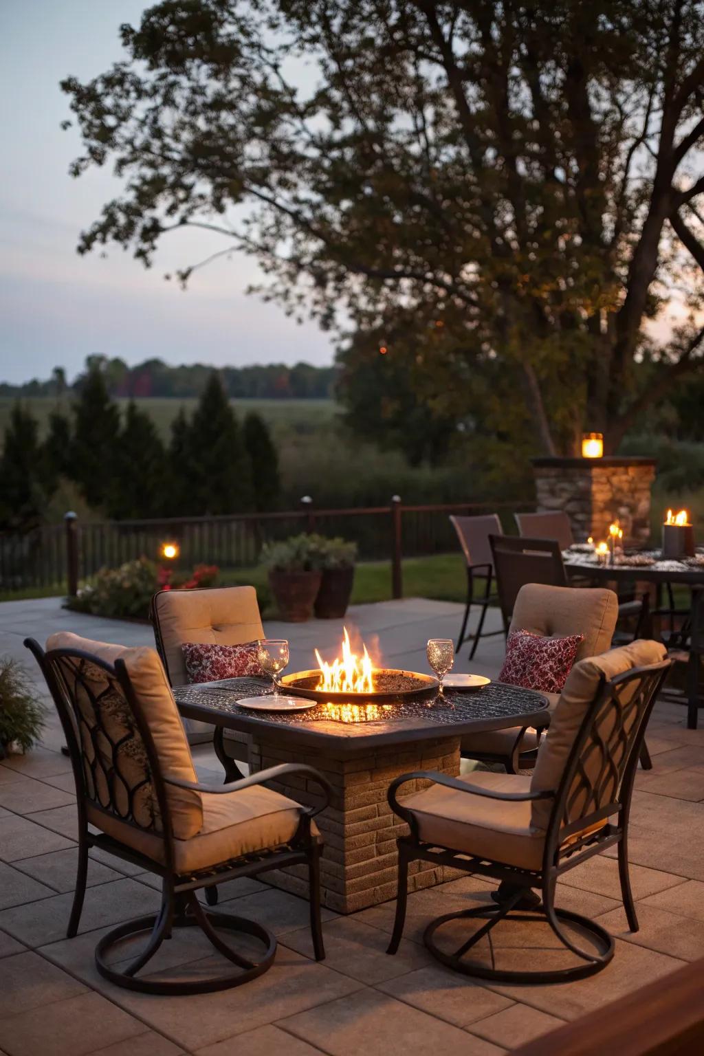 Fire pit tables combine warmth and functionality for dining and relaxation.