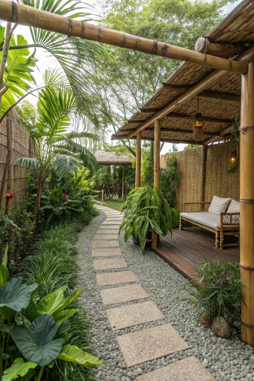A tropical retreat on a gravel patio, perfect for relaxation.