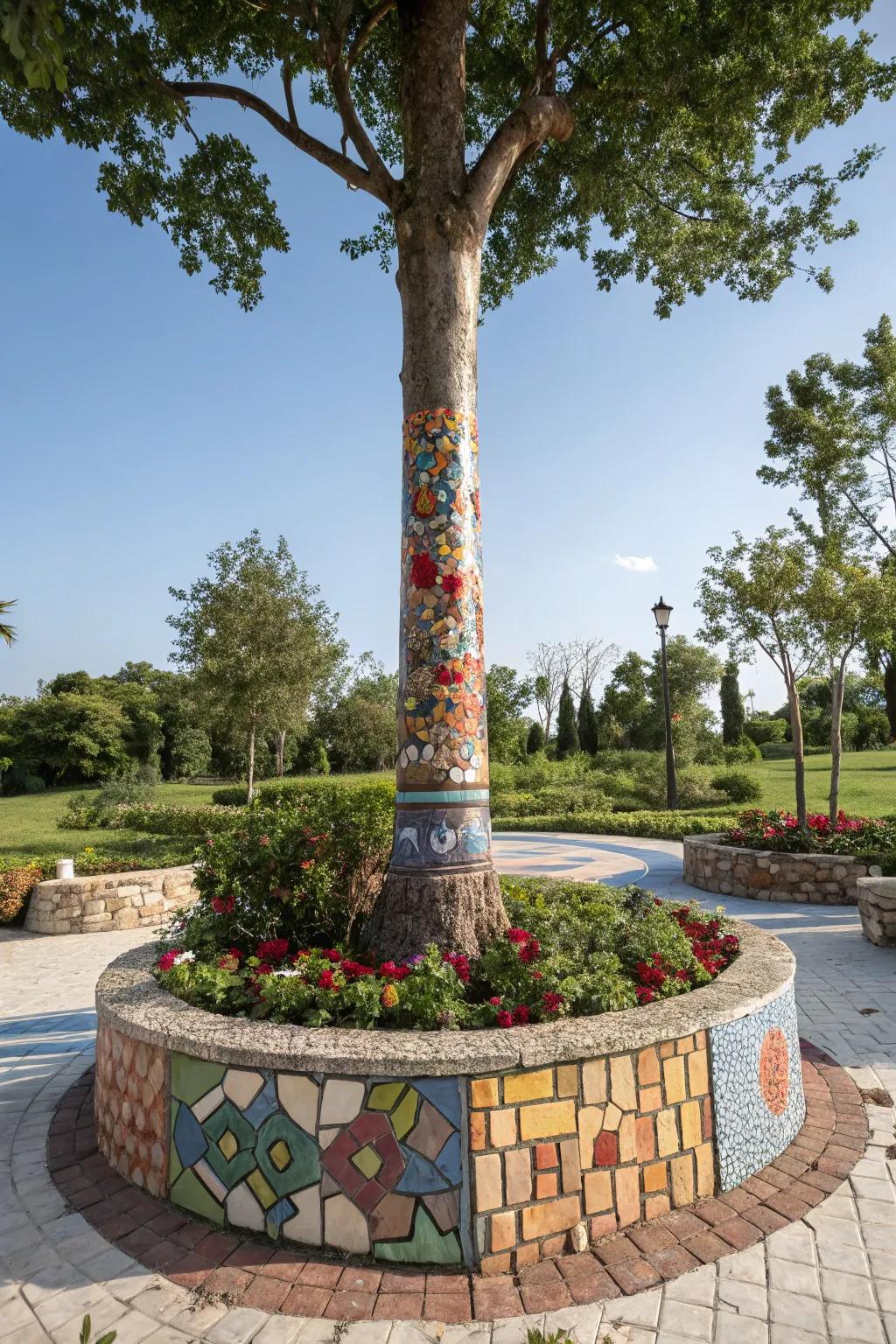 Mosaic tiles adding an artistic flair to pavers around a tree.