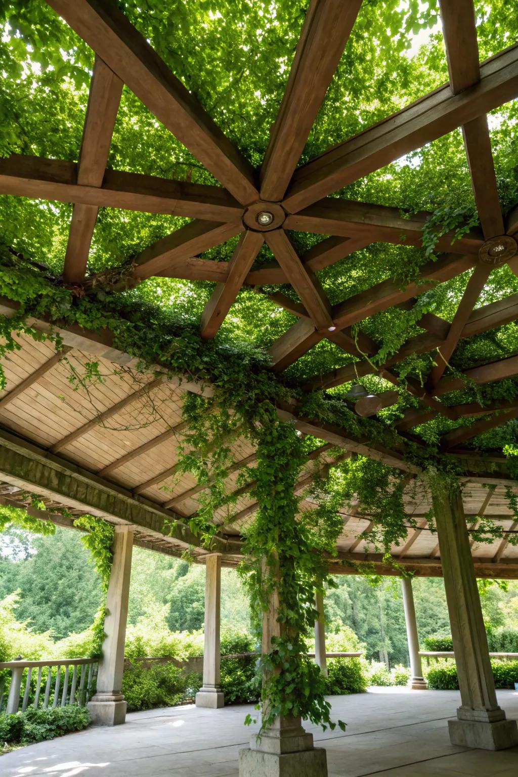 A pavilion ceiling with integrated greenery for a natural, lush look.