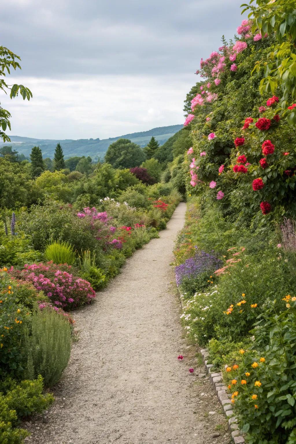 Flower borders add charm and vibrancy to pea gravel paths.