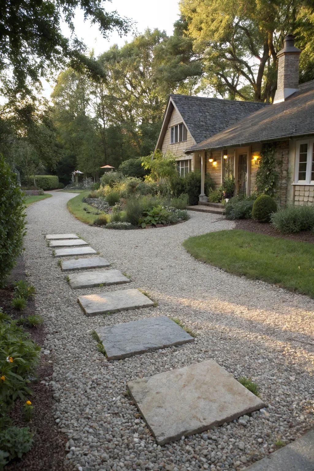 A cohesive pea gravel driveway with integrated walkways.